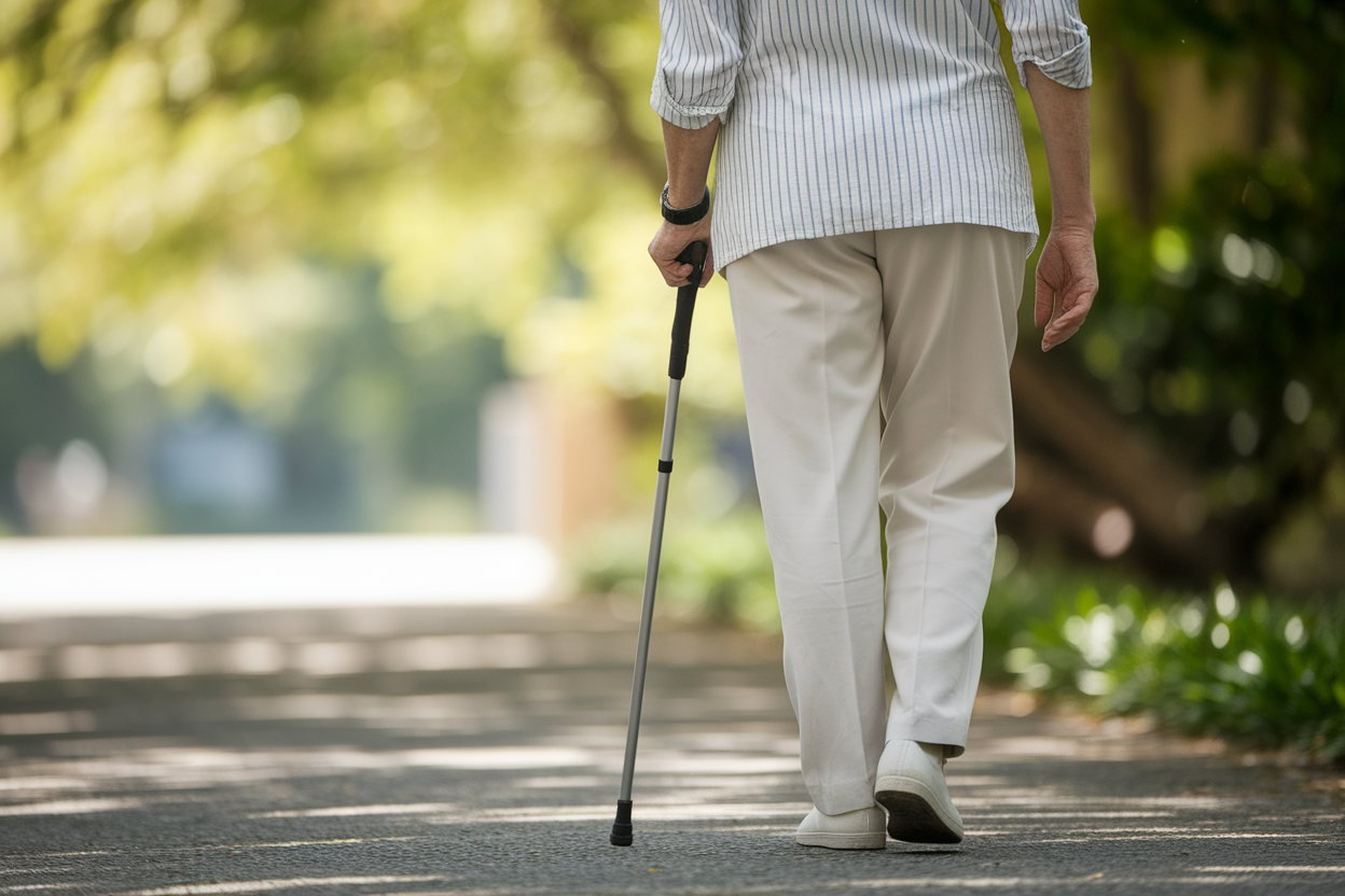 personne-agee-dos-canne-moderne-parc