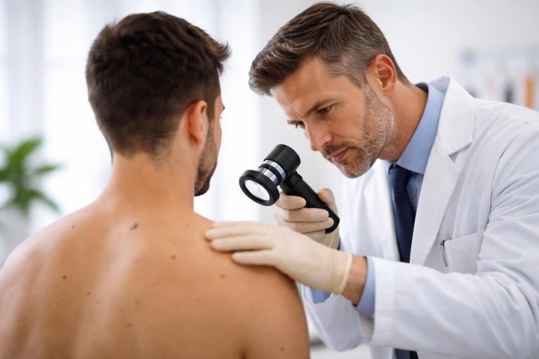 dermatologue-examinant-peau-patient-cabinet
