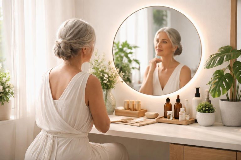 femme-mature-miroir-cosmetiques-plantes