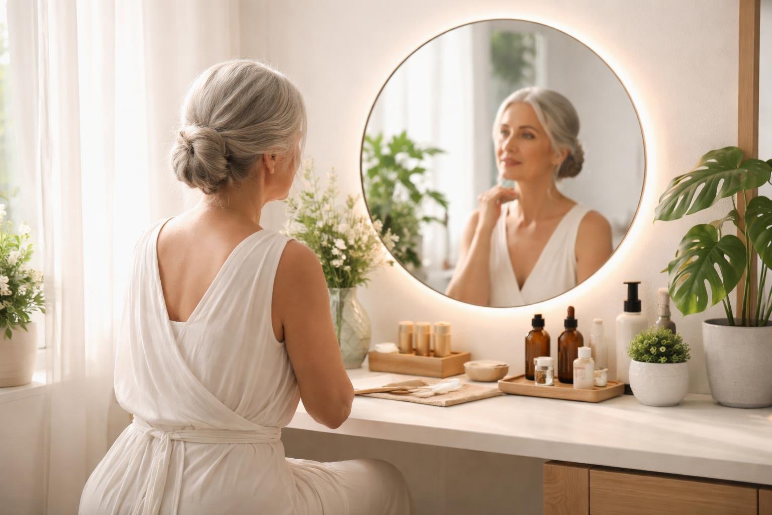 femme-mature-miroir-cosmetiques-plantes