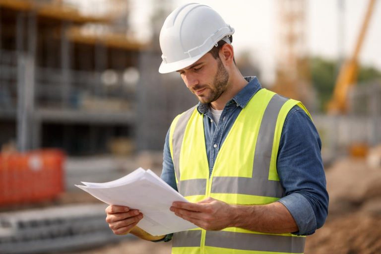 travailleur-casque-gilet-documents-chantier