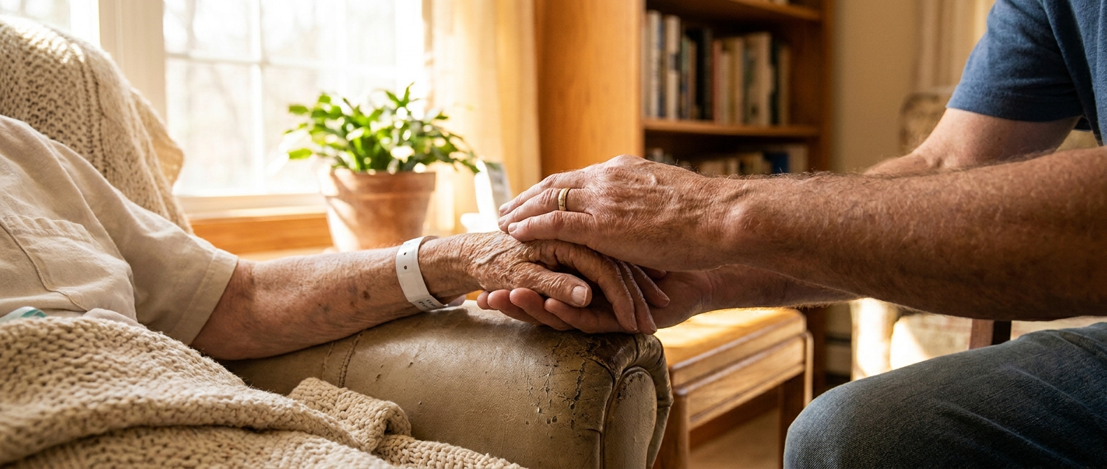 aidant familial tenant la main d'un proche en situation de handicap à domicile
