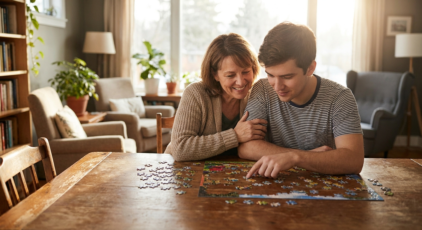 aidant familial accompagnant un proche en situation de handicap mental au domicile