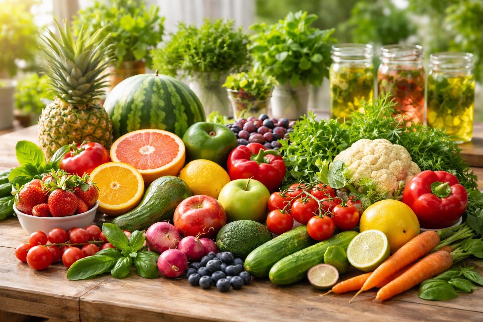 fruits-legumes-table-bois-couleurs-vives