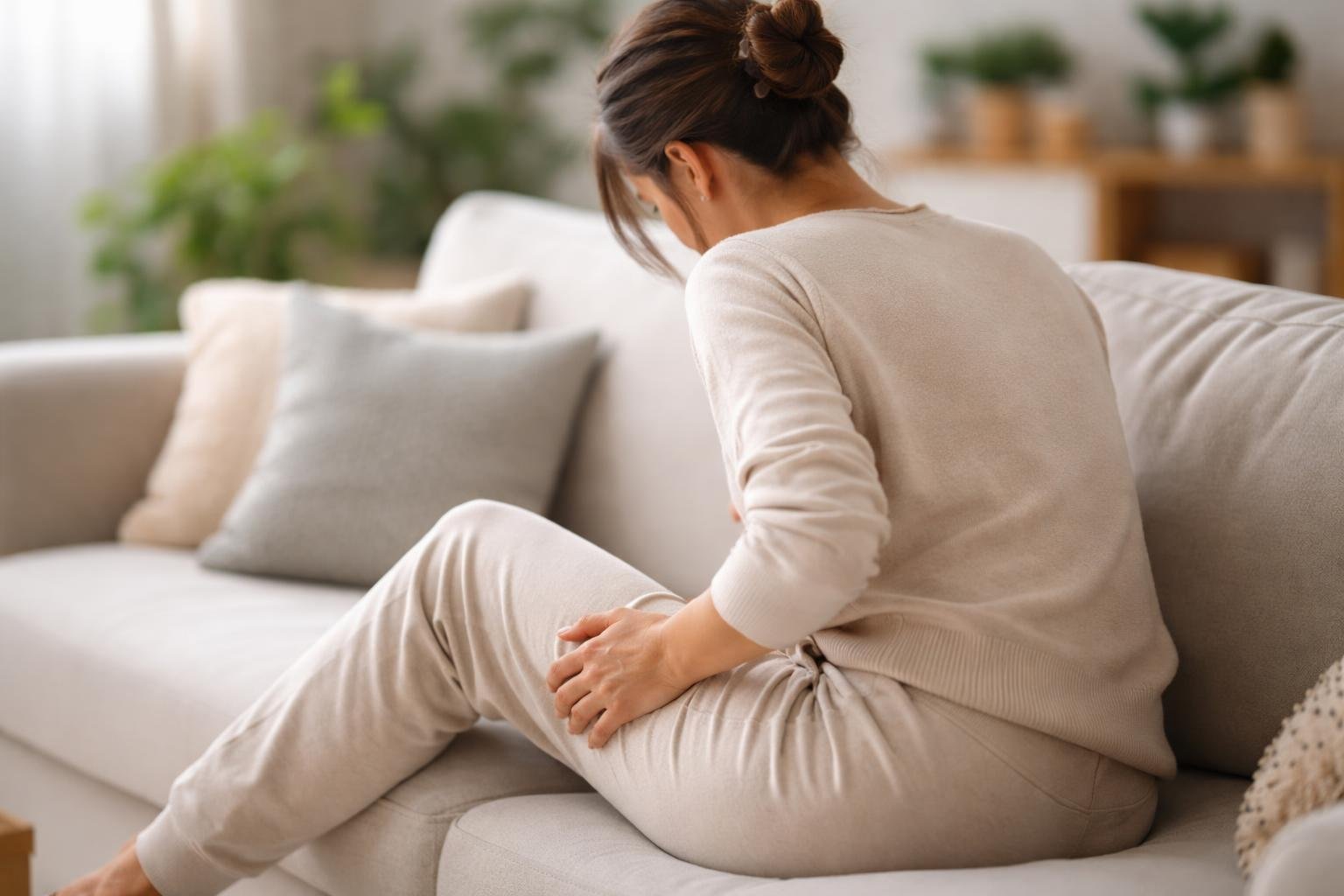 personne-canape-massant-cuisse-plantes
