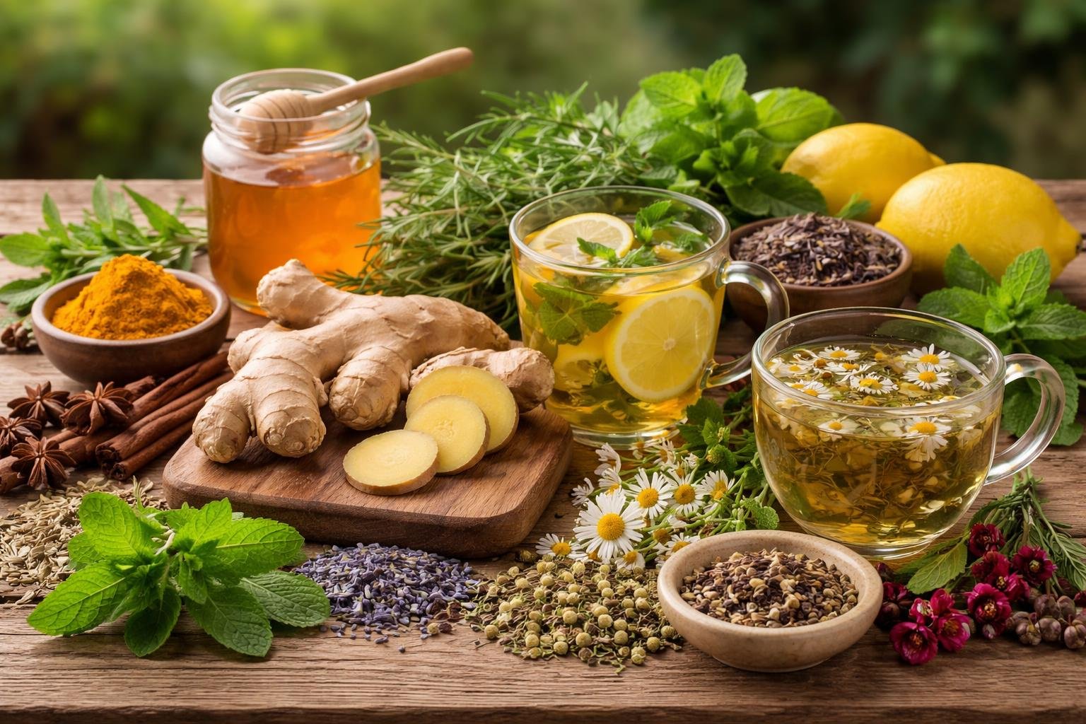 remedes-naturels-herbes-citrons-table-bois