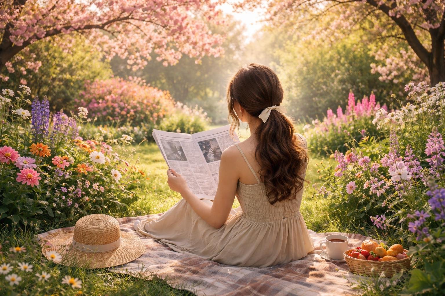 femme-jardin-fleurs-journal-matin